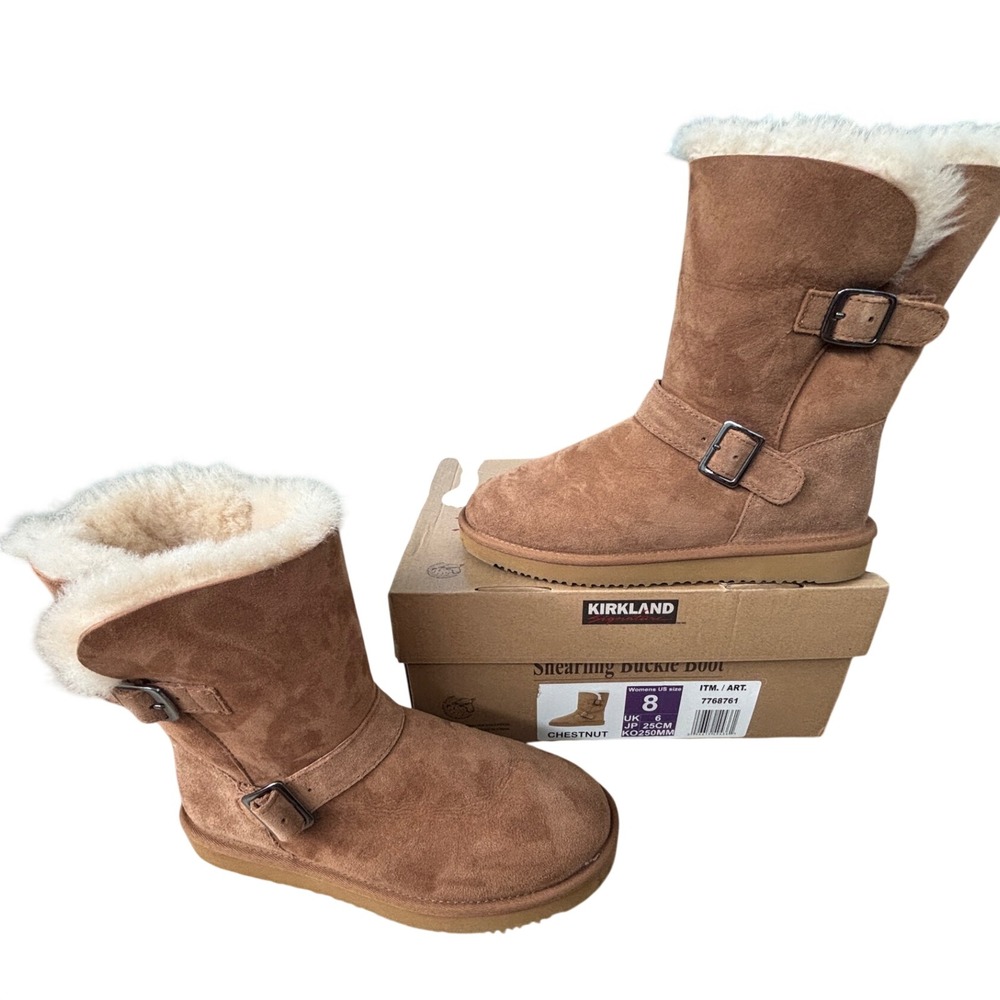 NIB Kirkland Signature Women 8 Shearling Buckle Boot Chestnut Sheepskin 7768761